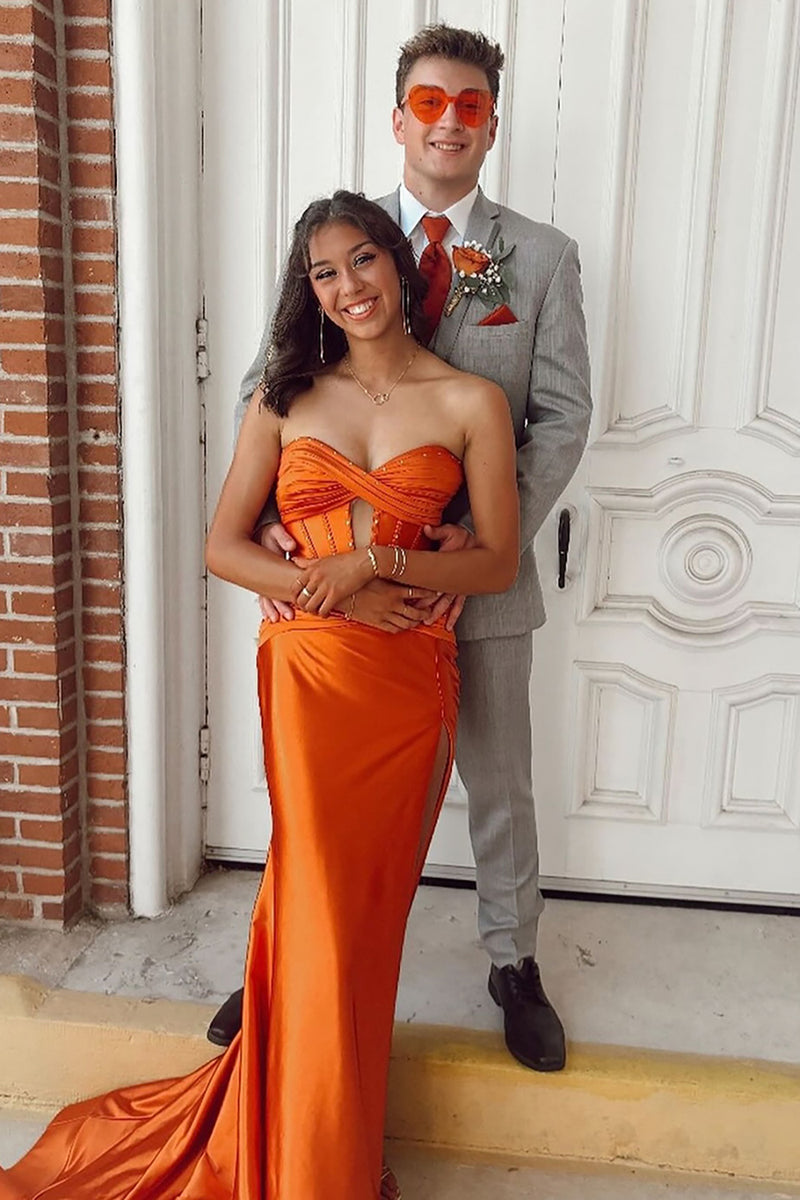 Load image into Gallery viewer, Sparkly Orange Sweetheart Corset Mermaid Long Prom Dress