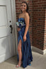 Load image into Gallery viewer, Metallic Navy A Line Corset Pleated Strapless Long Prom Dress with Slit