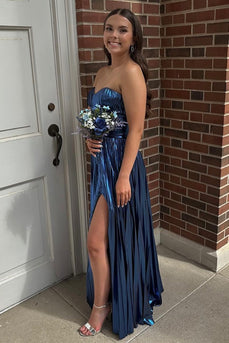 Metallic Navy A Line Corset Pleated Strapless Long Prom Dress with Slit