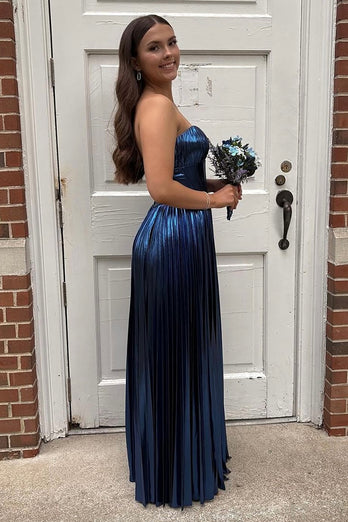 Metallic Navy A Line Corset Pleated Strapless Long Prom Dress with Slit