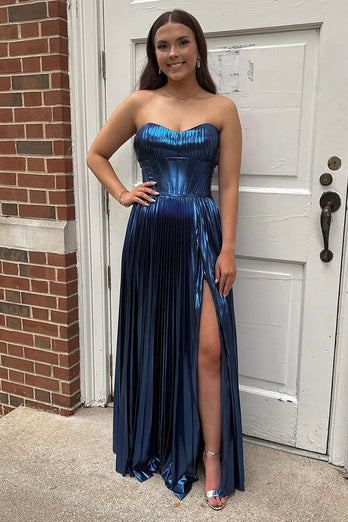 Metallic Navy A Line Corset Pleated Strapless Long Prom Dress with Slit