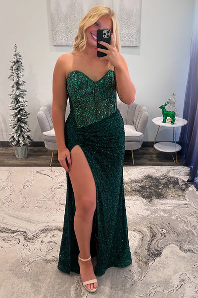 Emerald Green Sparkly Corset Mermaid Long Prom Dress with Slit