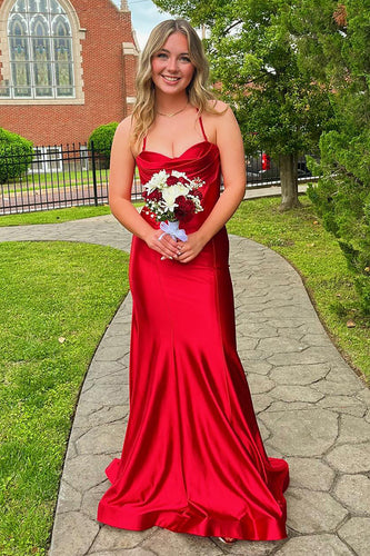 Elegant Red Mermaid Spaghetti Straps Long Satin Prom Dress