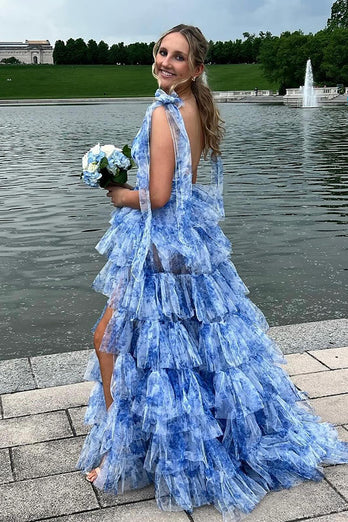 Floral Blue A-Line Tiered Tie Strap Long Prom Dress with Slit