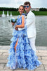 Load image into Gallery viewer, Floral Blue A-Line Tiered Tie Strap Long Prom Dress with Slit