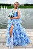 Load image into Gallery viewer, Floral Blue A-Line Tiered Tie Strap Long Prom Dress with Slit