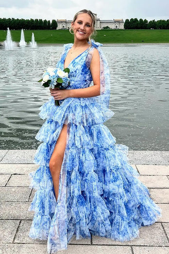 Floral Blue A-Line Tiered Tie Strap Long Prom Dress with Slit