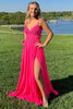 Load image into Gallery viewer, Fuchsia Floral A Line Corset Pleated Long Prom Dress with Slit