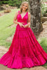 Load image into Gallery viewer, Fuchsia  A Line 2 Pieces V-Neck Ruffled Long Prom Dress with Bow