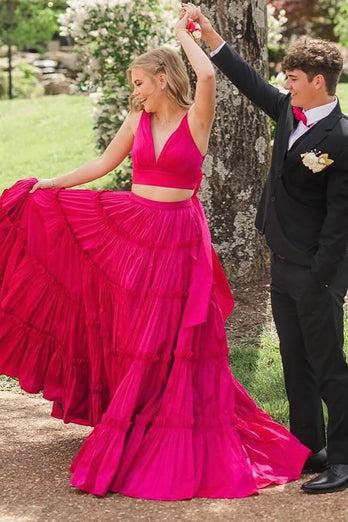 Fuchsia  A Line 2 Pieces V-Neck Ruffled Long Prom Dress with Bow