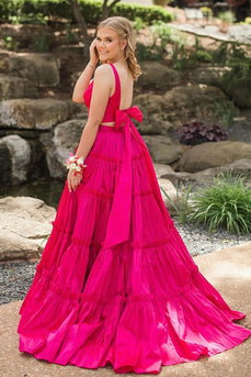 Fuchsia  A Line 2 Pieces V-Neck Ruffled Long Prom Dress with Bow