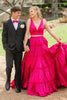 Load image into Gallery viewer, Fuchsia  A Line 2 Pieces V-Neck Ruffled Long Prom Dress with Bow