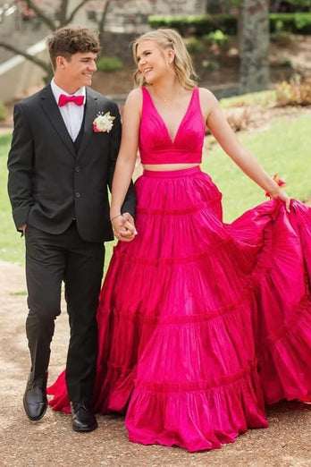 Fuchsia  A Line 2 Pieces V-Neck Ruffled Long Prom Dress with Bow