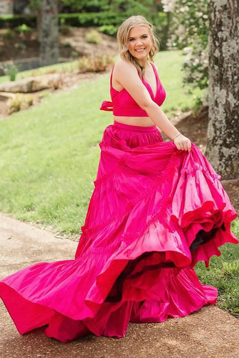 Fuchsia  A Line 2 Pieces V-Neck Ruffled Long Prom Dress with Bow