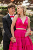 Load image into Gallery viewer, Fuchsia  A Line 2 Pieces V-Neck Ruffled Long Prom Dress with Bow