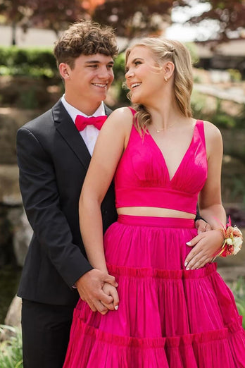 Fuchsia  A Line 2 Pieces V-Neck Ruffled Long Prom Dress with Bow