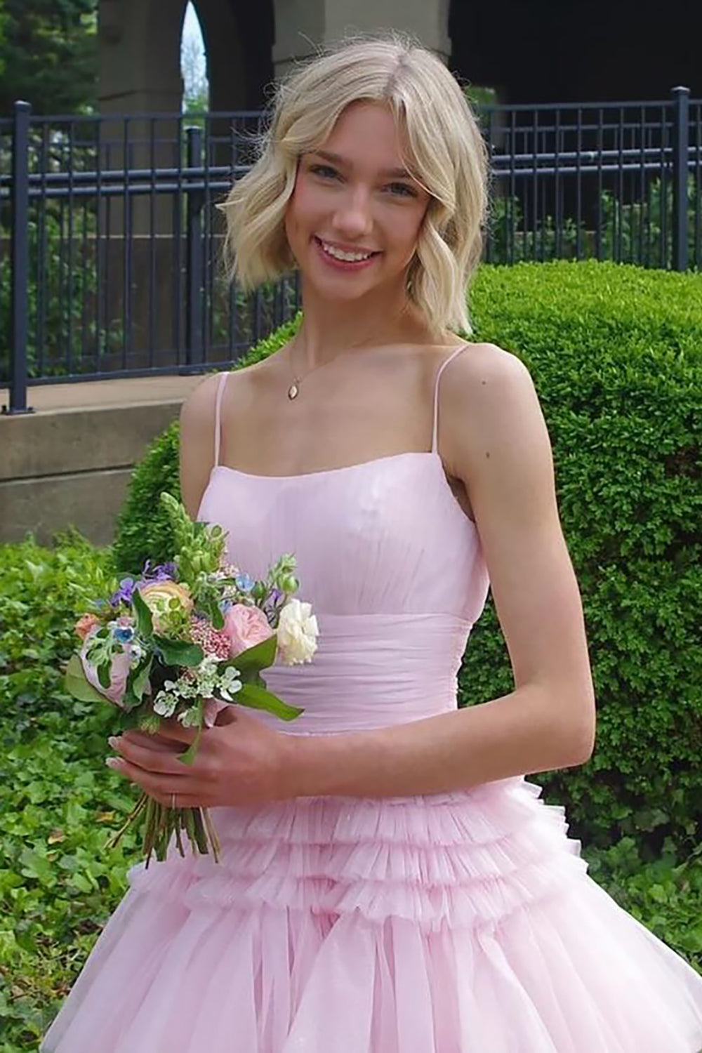 Princess Pink Spaghetti Straps Tiered Long Tulle Prom Dress