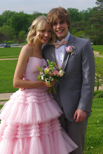 Princess Pink Spaghetti Straps Tiered Long Tulle Prom Dress