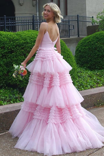 Princess Pink Spaghetti Straps Tiered Long Tulle Prom Dress