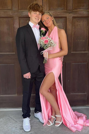 Pink Mermaid Halter Backless Long Satin Prom Dress with Slit