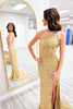 Load image into Gallery viewer, Sparkly Gold One Shoulder Sequin Long Prom Dress with Slit