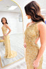 Load image into Gallery viewer, Sparkly Gold One Shoulder Sequin Long Prom Dress with Slit