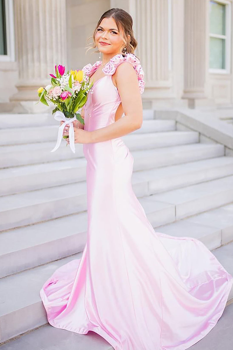 Load image into Gallery viewer, Pink Mermaid Floral Backless Long Satin Prom Dress