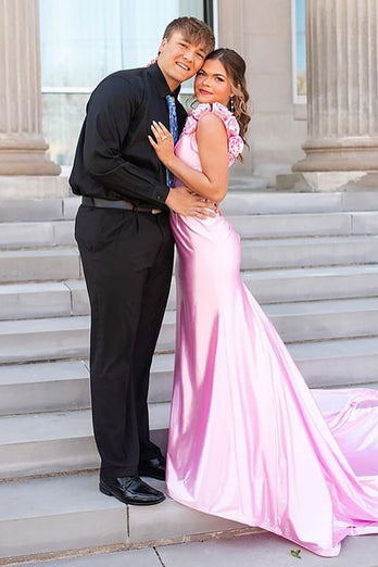 Pink Mermaid Floral Backless Long Satin Prom Dress