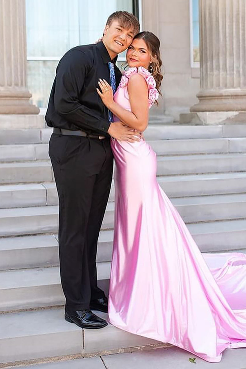 Load image into Gallery viewer, Pink Mermaid Floral Backless Long Satin Prom Dress