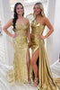 Load image into Gallery viewer, Metallic Gold Corset Mermaid One Shoulder Long Prom Dress with Slit