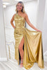 Load image into Gallery viewer, Metallic Gold Corset Mermaid One Shoulder Long Prom Dress with Slit