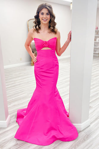 Fuchsia Mermaid Strapless Satin Long Prom Dress