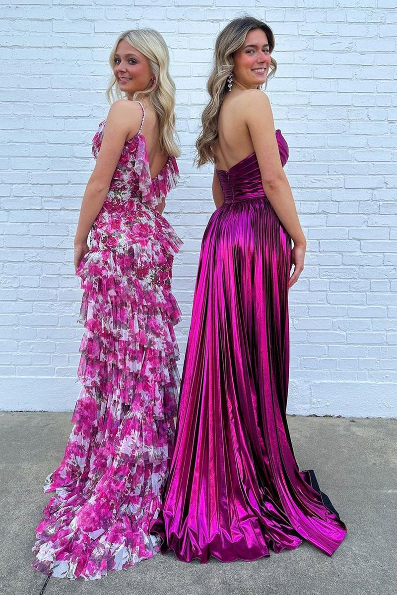 Load image into Gallery viewer, Sparkly Fuchsia Strapless A Line Prom Dresses With Slit