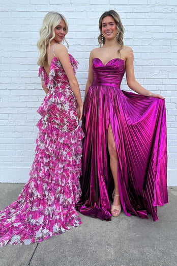 Sparkly Fuchsia Strapless A Line Prom Dresses With Slit