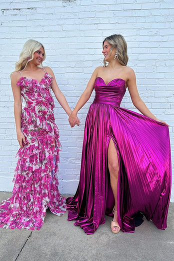 Sparkly Fuchsia Strapless A Line Prom Dresses With Slit