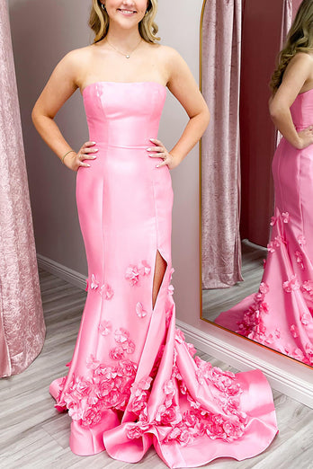 Pink Mermaid Strapless 3D Flowers Long Prom Dress with Slit