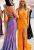 Load image into Gallery viewer, Orange Sequined Mermaid Spaghetti Straps Long Prom Dress with Slit