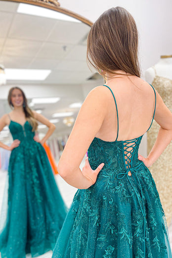 Sparkly Emerald Green Corset Appliqued Long Prom Dress