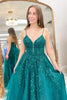 Load image into Gallery viewer, Sparkly Emerald Green Corset Appliqued Long Prom Dress