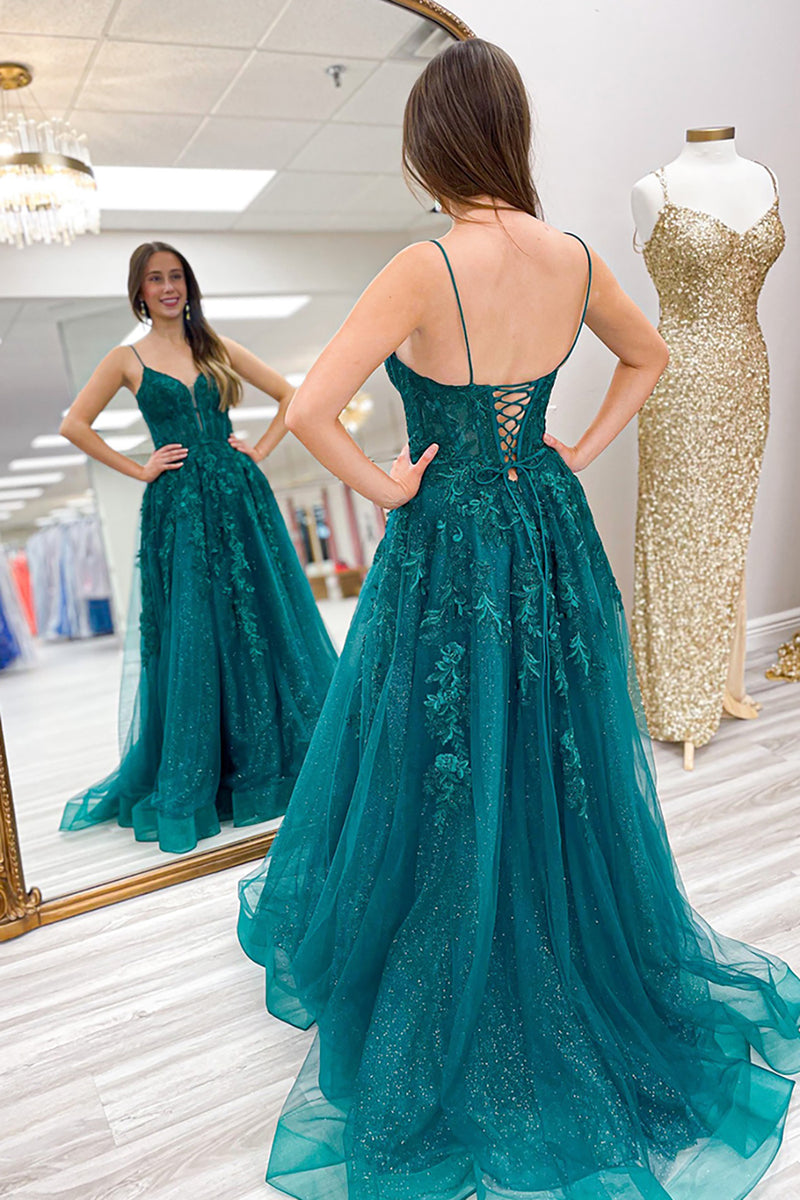 Load image into Gallery viewer, Sparkly Emerald Green Corset Appliqued Long Prom Dress