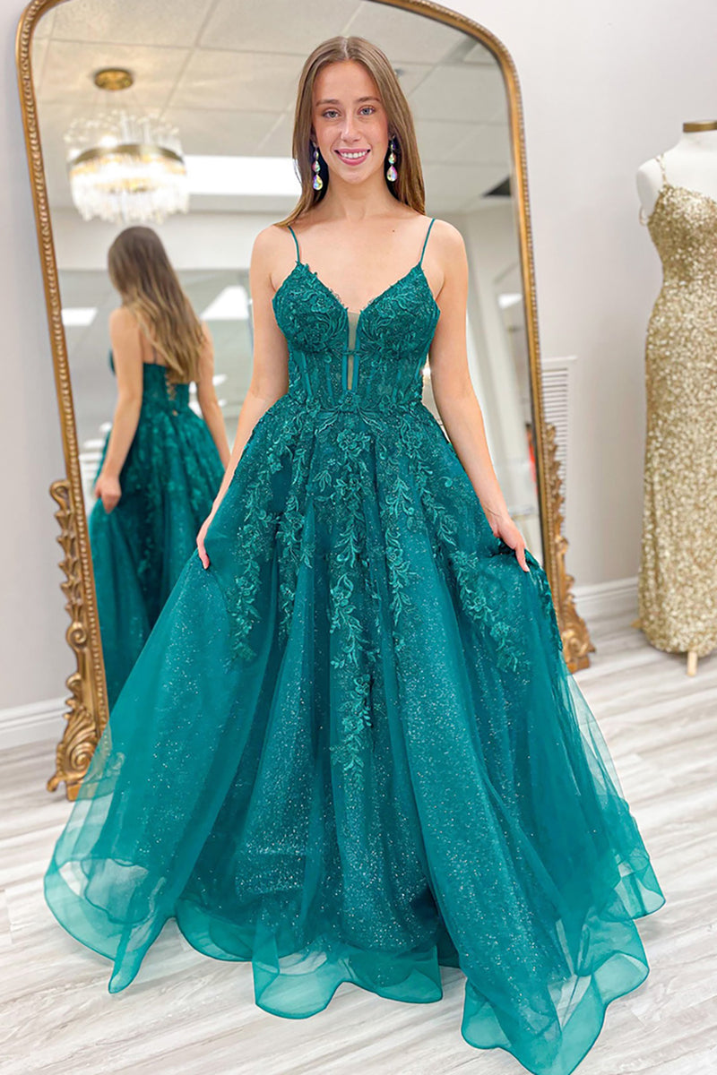 Load image into Gallery viewer, Sparkly Emerald Green Corset Appliqued Long Prom Dress