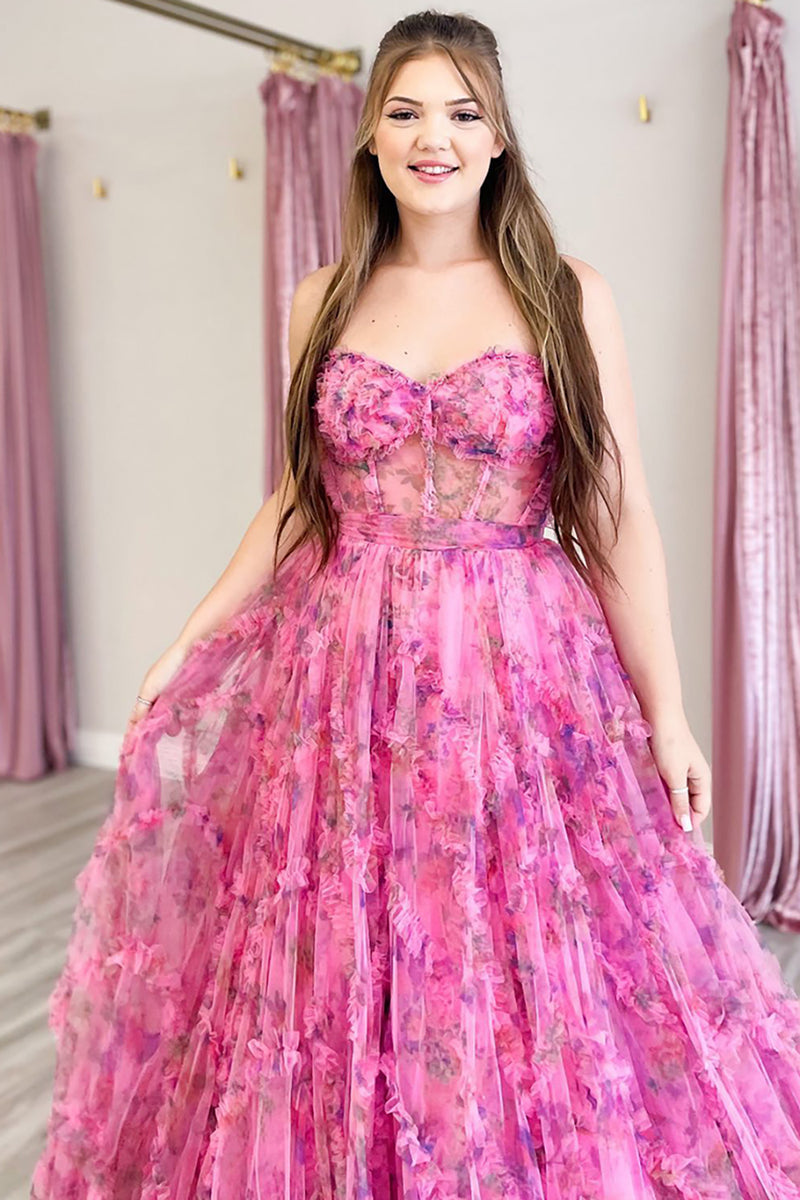 Load image into Gallery viewer, Pink Floral Sweetheart Corset A Line Long Prom Dress