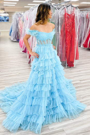 Light Blue Corset Tiered Off the Shoulder Long Prom Dress with Slit