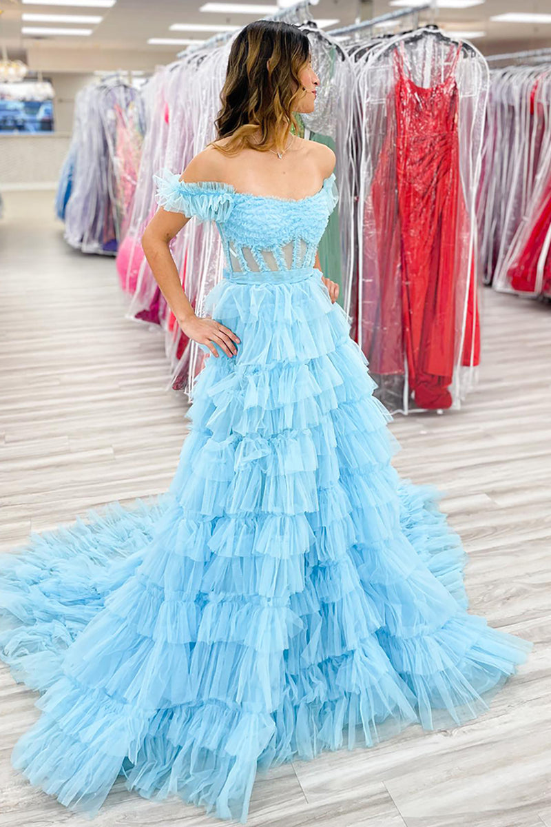 Load image into Gallery viewer, Light Blue Corset Tiered Off the Shoulder Long Prom Dress with Slit