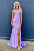 Load image into Gallery viewer, Lilac Mermaid Corset Spaghetti Straps Long Satin Prom Dress with Slit