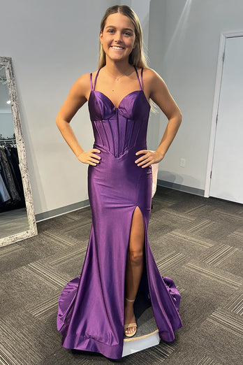 Lilac Mermaid Corset Spaghetti Straps Long Satin Prom Dress with Slit