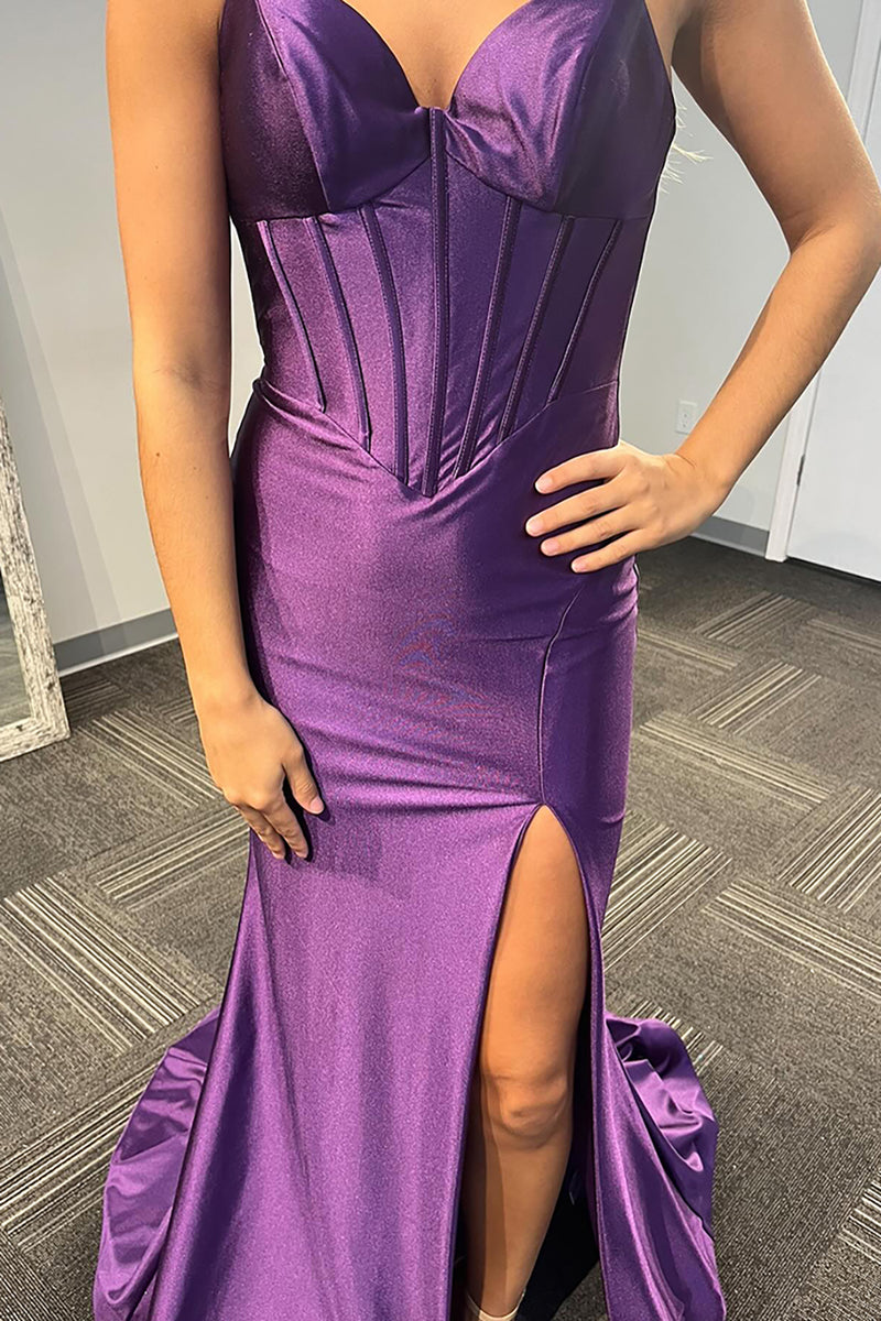 Load image into Gallery viewer, Lilac Mermaid Corset Spaghetti Straps Long Satin Prom Dress with Slit