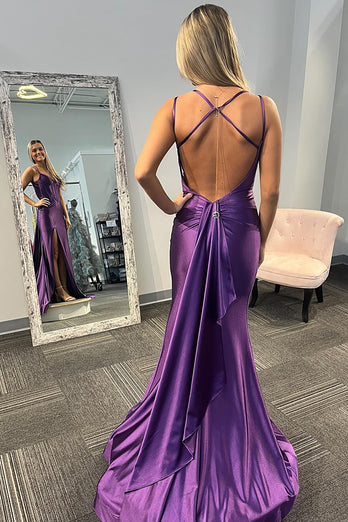 Lilac Mermaid Corset Spaghetti Straps Long Satin Prom Dress with Slit