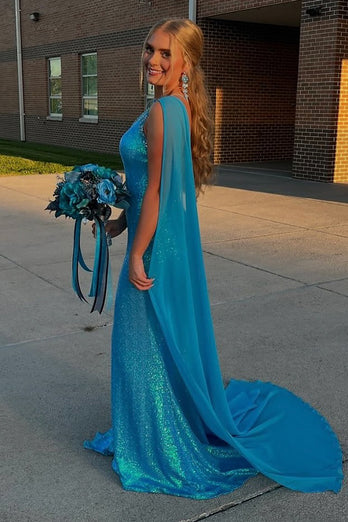 Sparkly Blue Sequin One Shoulder Long Prom Dress with Slit