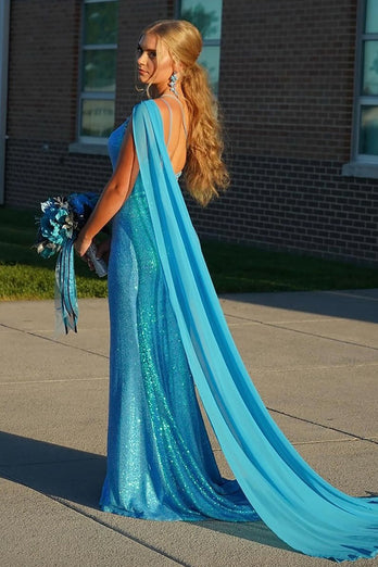 Sparkly Blue Sequin One Shoulder Long Prom Dress with Slit